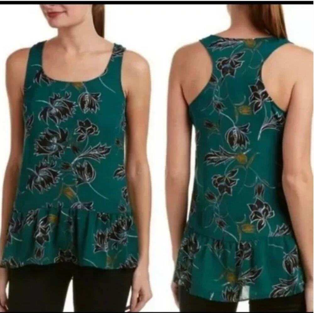 CAbi Zoe Falling Flowers Emerald Green Floral Racerback Top Small
